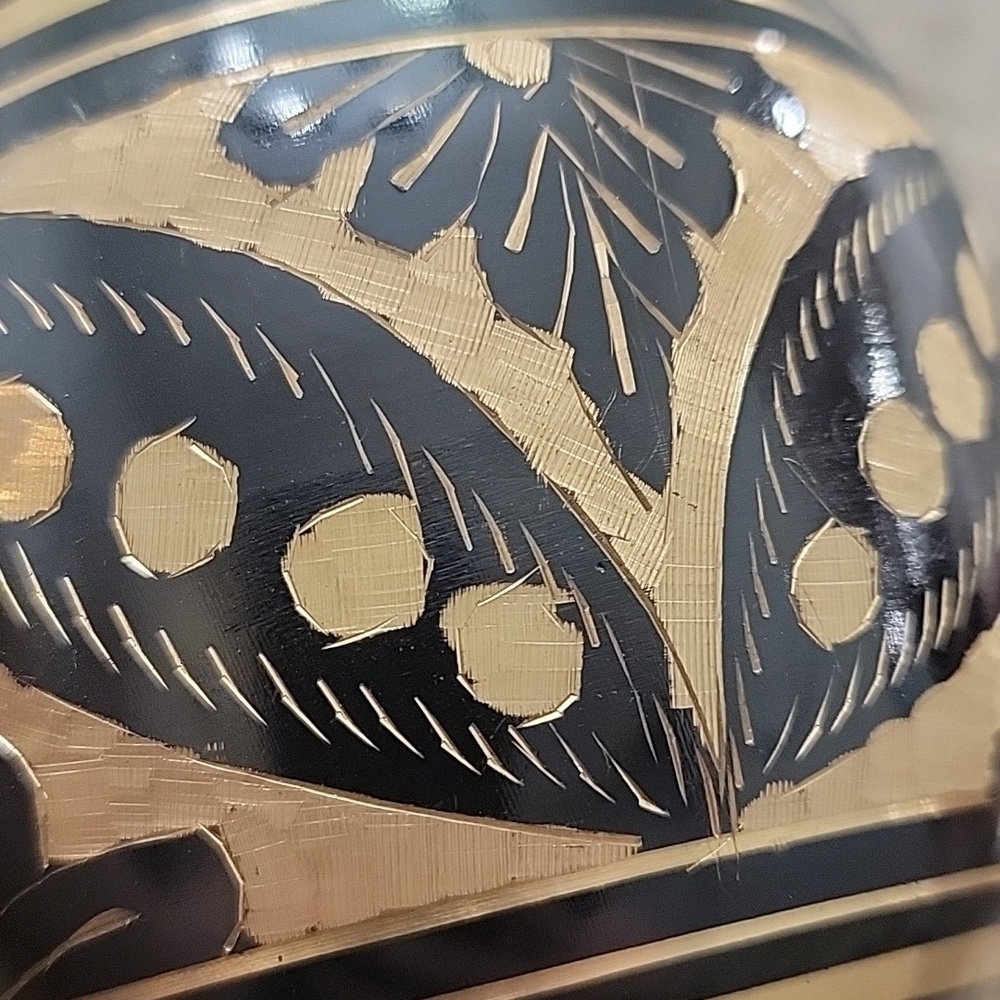 Vintage Black and Gold Brass Vase | Hand Etched Floral Solid Brass BH - Picture 5 of 7